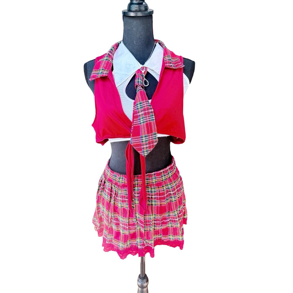 Avidlove XXL Red Plaid Schoolgirl Costume Set Pleated Skirt Tie Front Top